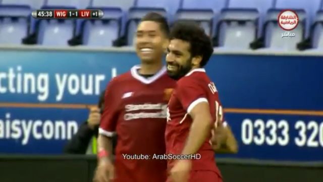 شاهد اول هدف لمحمد صلاح مع ليفربول في شباك ويجان الانجليزي وديا في انجلترا